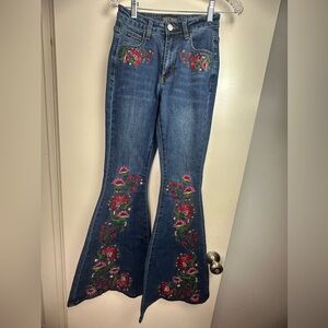 Dolls Kill X Current Mood Woven Dreams Embroidered Floral Boho Jeans NWT Size XS